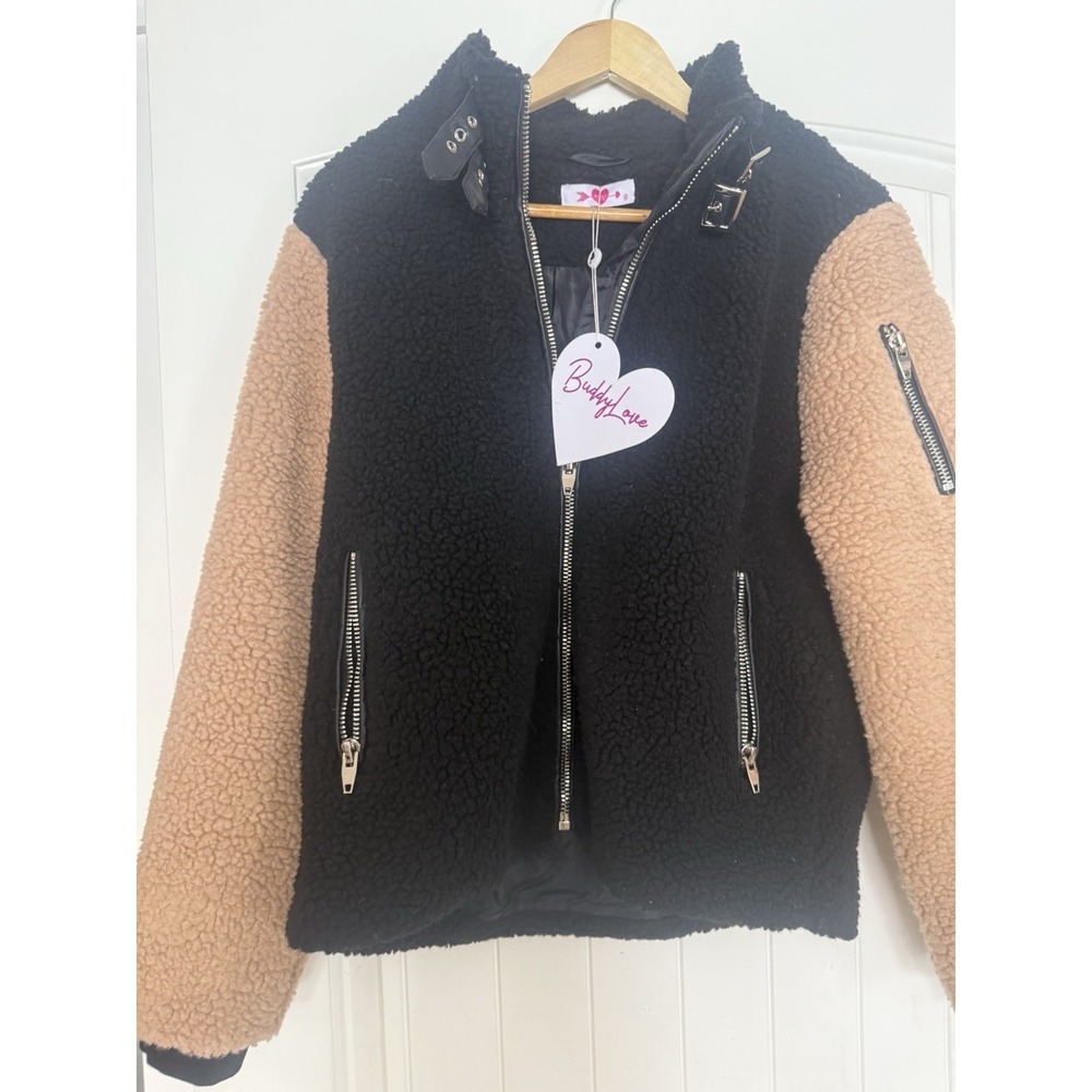 BuddyLove Colorblock Jacket Black Beige Buckle Collar Zip-Up Zipped Pockets